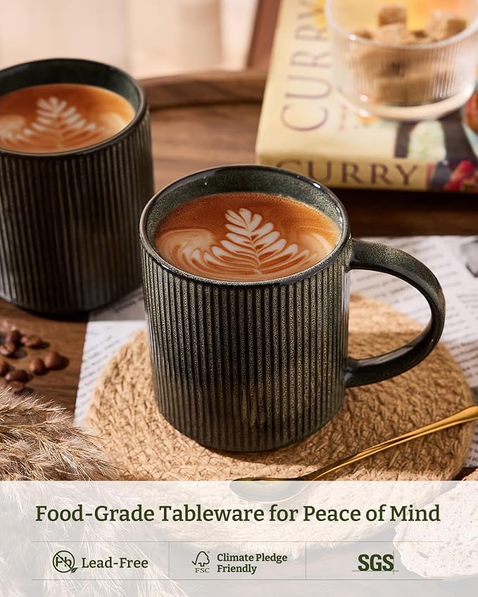 famiware Coffee Mug Set for 8, Star 16 oz Catering Mugs Cup Set with Handle for Coffee, Tea, Cocoa, Milk - Ceramic Stoneware Drinkware Set, Deep Forest