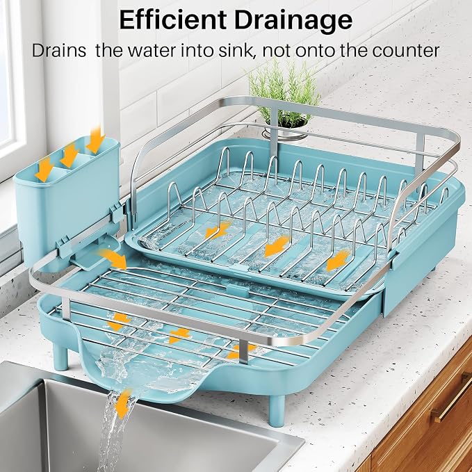SNTD Dish Drying Rack, Expandable Dish Rack for Kitchen Counter, Stainless Steel Dish Drainer with Drainboard Set and Utensil Holder (Blue)