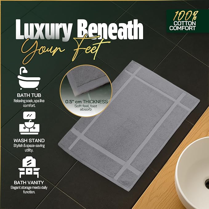 Pearl Linens 100% Ring Spun Cotton Bath Mat (Pack of 2) 18 x 25 Inch, Washable, Soft & Absorbent Terry Bathroom Floor Mat – Not Bathroom Rugs – Quick-Dry After Shower Bath Mat, 781 GSM, Light Grey