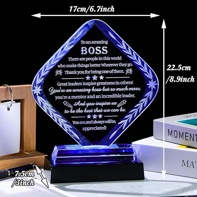 Movdyka Best Boss Gifts for Men Women Crystal Plaque Keepsakes with Colorful Light Base Great Boss Appreciation Thank You Farewell Retirement Gifts for Boss Day Birthday Office Decor