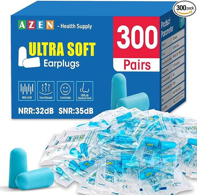 AZEN 300 Pairs Ear Plugs, NRR 32dB Soft Foam Ear Plugs for Sleeping Noise Cancelling, Earplugs for Concerts Shooting Swimming Noise Reduction,Individually Wrapped (Lake Blue)