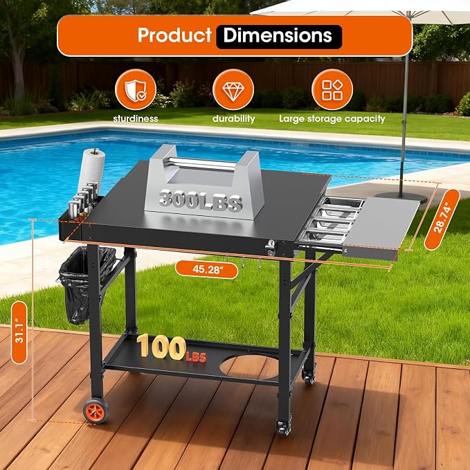 Pizza Oven Table for Ooni Pizza Ovens, Grill Cart Table with Topping Station, Pizzas Stands with Wheels, Expansive Countertop Pizzas Oven Accessories for Party Fits Blackstone Ninja Cuisinart Gozney