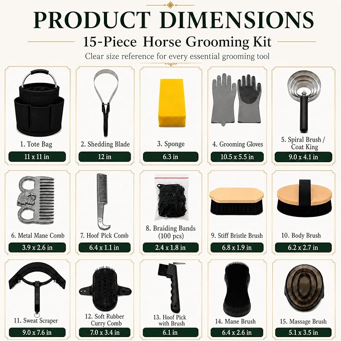 Horse Grooming Kit, 15-Piece Horse Brush Set with Tote Bag, Long Shedding Blade, Hoof Pick, Curry Comb, Sweat Scraper, Mane and Tail Comb, Gloves, Equine Grooming Supplies, Black