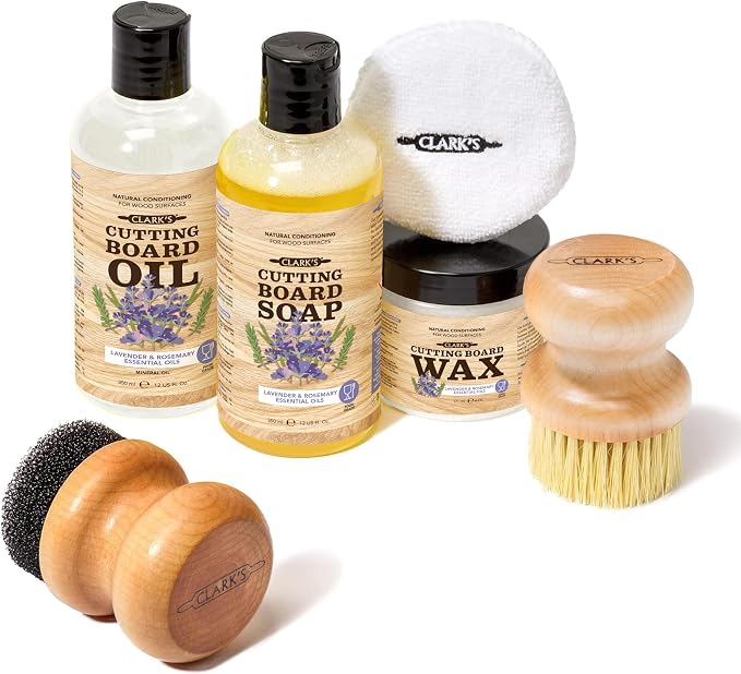 CLARK'S Food Grade Cutting Board Full Care Kit, Lavender Scent - 6 Pack | Includes Food Grade Mineral Oil, Cutting Board Wax & Cleaner, Oil & Wax Applicators, Buffing Pads - Restores & Protects