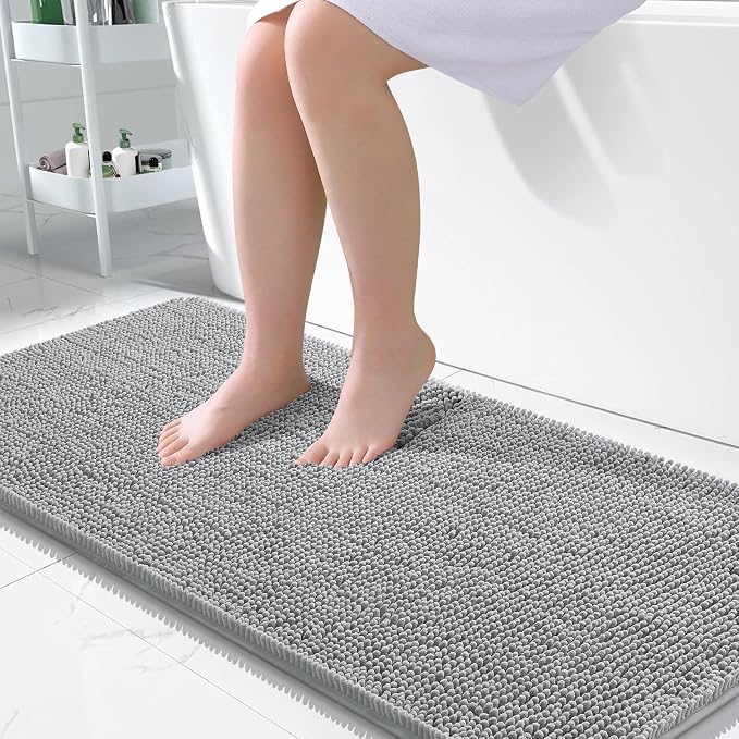 OLANLY Large Bathroom Rugs 50x30, Extra Soft Absorbent Chenille Bath Rugs, Rubber Backing Quick Dry, Machine Washable Bath Mats for Bathroom Floor, Tub and Shower, Home Decor Accessories, Light Grey