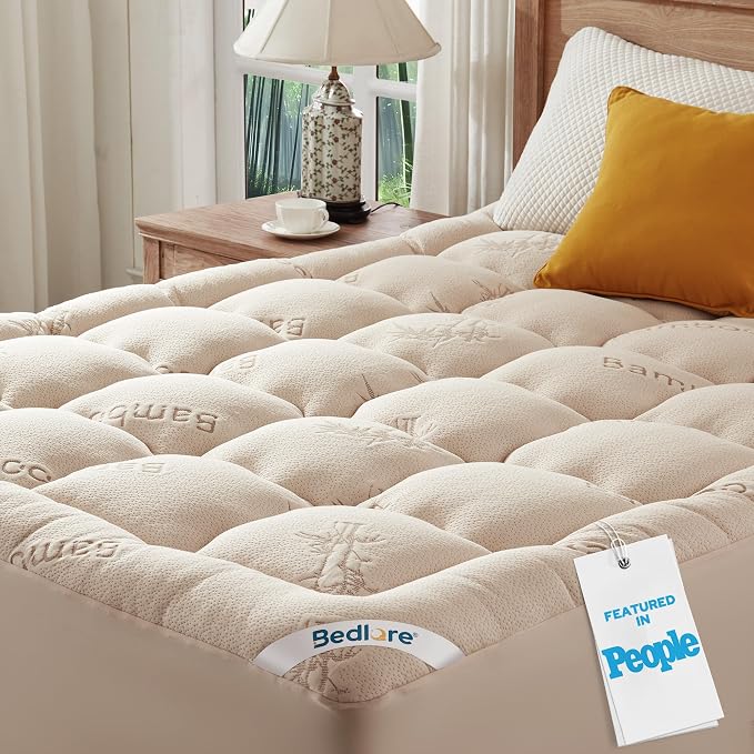 BEDLORE Queen Mattress Topper Viscose Derived from Bamboo, Thick Pillow Top Mattress Pad with Stretchable Pockets for 6-18 inches Mattress, Soft Mattress Topper for Back Pain Relief(Beige)