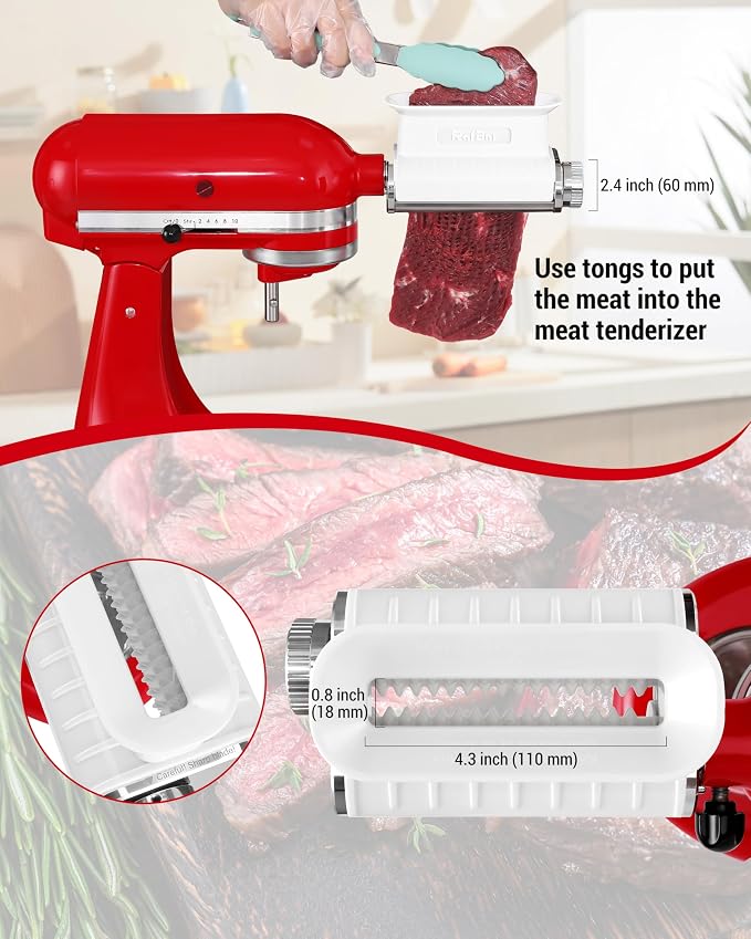 Meat Tenderizer Attachment for KitchenAid Mixer, 3 Thickness Settings | Fits KitchenAid Stand Mixers: Tenderizes beef, pork, lamb & venison — deeper marinade for juicier results