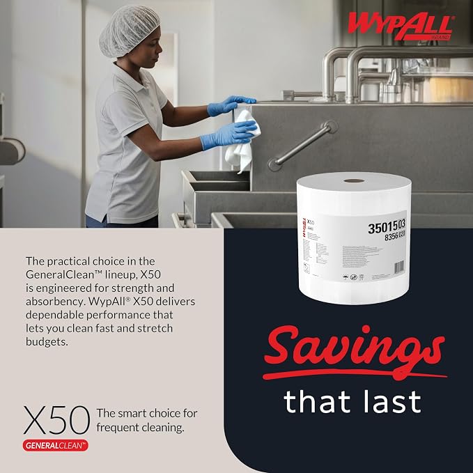 WypAll GeneralClean X50 Cloths Cleaning Wipes (35015), Jumbo, Strong Towels for Extended Use, White (1 Roll of 1,100 Sheets, 1,100 Sheet Total)