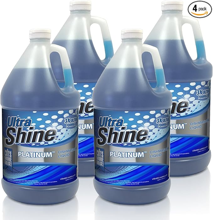 Ultra Shine™ 4 Pack 3X Platinum™ Dishwashing Liquid, Powerful Grease Remover, 1 Gallon - Concentrated Dish Cleaner Soap for Commercial Kitchens, Restaurants & Home Cleaning, Gentle on Hands & Skin