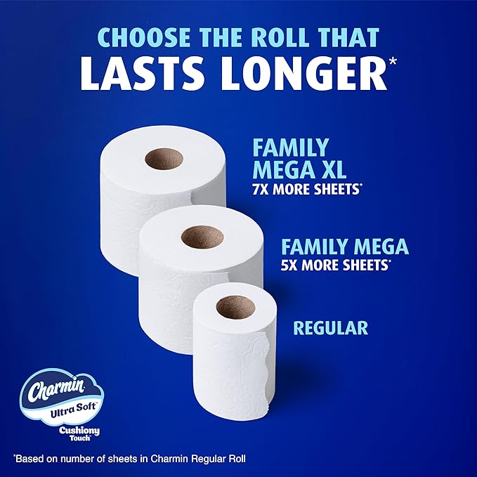 Charmin Ultra Soft Cushiony Touch Toilet Paper, 12 Family Mega XL Rolls = 84 Regular Rolls