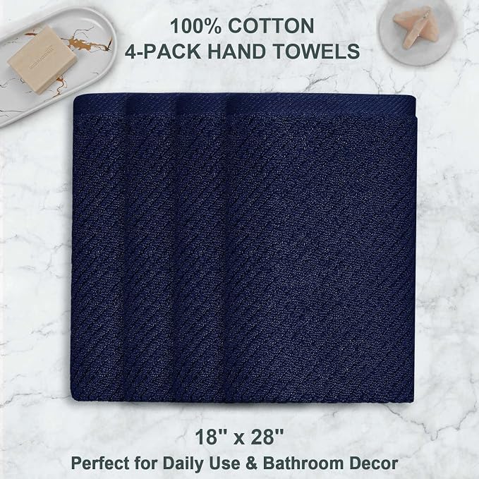 VOOVA & MOVAS Hand Towels 4PC, 100% Cotton, 18x28 in, Navy Blue | Thick, Quick Dry, Soft, Absorbent, Towel Gift Set, Great For Birthday, Housewarming, Holiday Gift