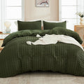 AveLom Dark Olive Green Seersucker Duvet Cover Set Full (80 x 90 inches), 3 Pieces (1 Duvet Cover + 2 Pillow Cases), Ultra Soft Washed Microfiber, Textured Duvet Cover with Zipper Closure, Corner Ties
