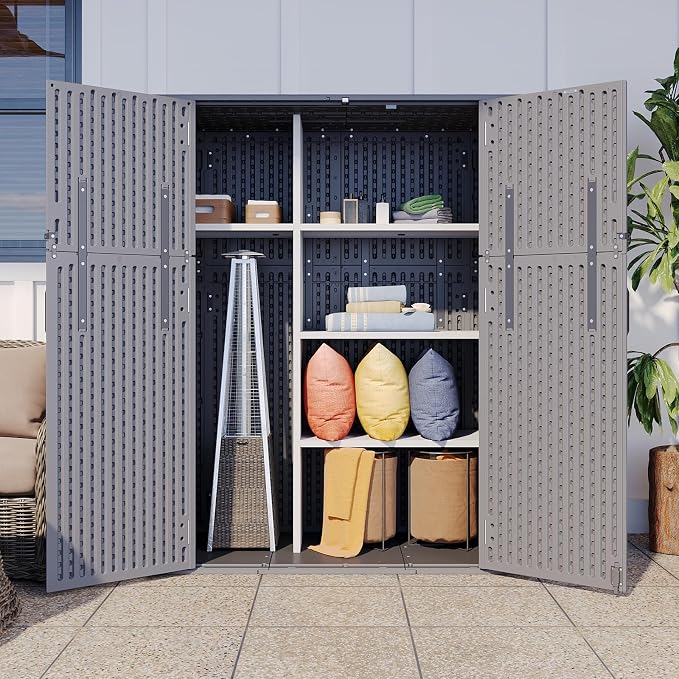 Aoxun Outdoor Storage Shed with Floor, 61 Cu.Ft Large Outdoor Storage Cabinet, Waterproof Vertical Resin Shed for Garden Tools, Pool Equipment, Dark Grey