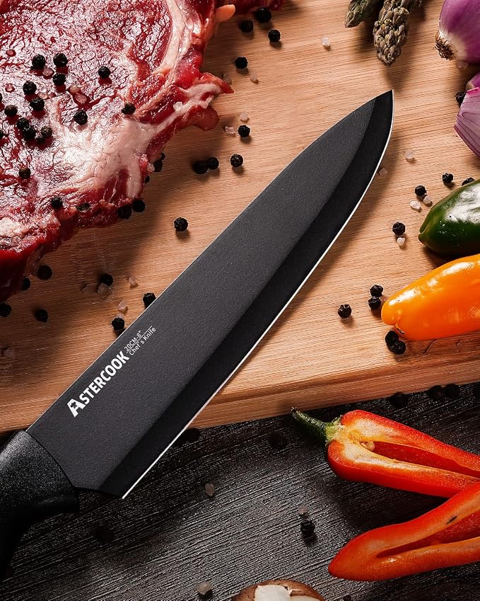 Astercook 15 Pieces Kitchen Knife Block Set with Sharpener, Black | Built-in Sharpener Block, Dishwasher Safe, German Stainless Steel, Ergonomic Handle, Kitchen Weddings Birthdays Gift