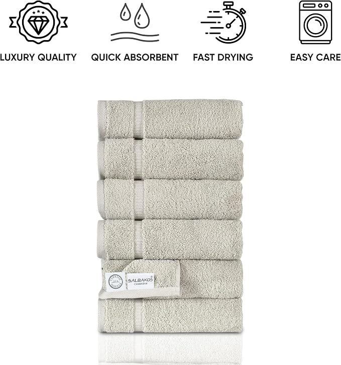 SALBAKOS 6-Piece 100% Turkish Cotton Hand Towels, 16x30 inch, Stone | Large Size Thick Super Soft Highly Absorbent, Versatile Hair Face & Hand Drying Towel, Premium Hotel Quality Made in Turkey