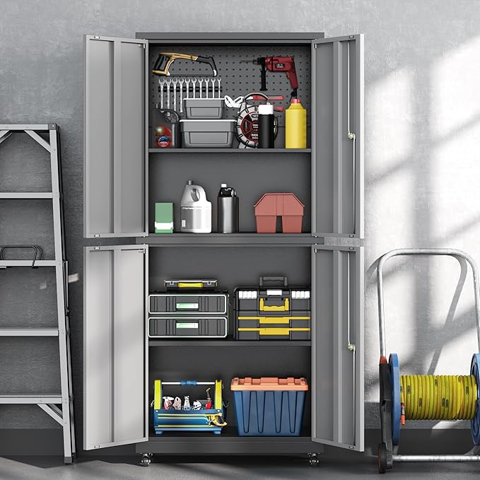71" H Metal Tool Storage Cabinet with Lock and Wheels, Heavy Duty Garage Cabinet with 4 Doors and 2 Adjustable Shelves, Tool Organizer with Pegboard for Garage, Warehouse (Black&Gray, 71" H)