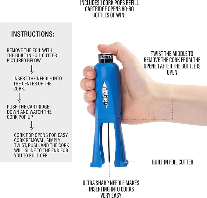 Cork Pops Legacy Wine Opener Built-in 4-Blade Foil Cutter Safe Cork Removal, Effortless Push Button Use, Needle Guard for Safety, Low-Pressure Cartridge Opens Up To 60 (Blue, With 1 Cartridge)