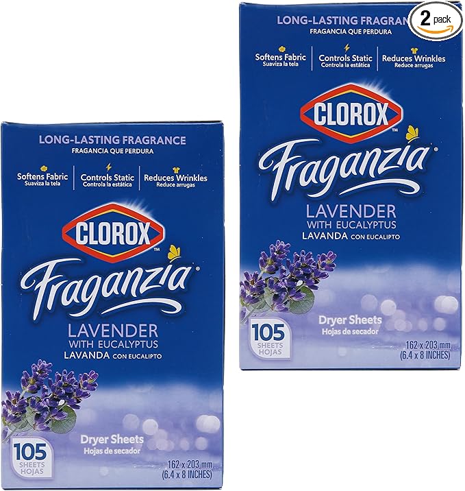 Clorox Fraganzia Fabric Softener Dryer Sheets, Lavender with Eucalyptus Scent, 210 Sheets Total in 105 Ct x 2 Pack, Wrinkle Reducing and Anti-Static Laundry Sheets for Soft Clothes