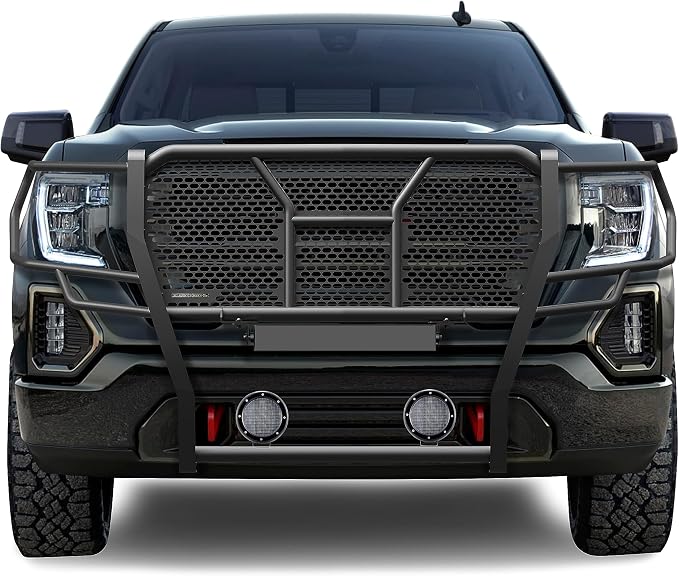 Black Horse Rugged Heavy Duty Grille Brush Bumper Guard Modular Black Come with Pair of 5.3" Dia.LED Lights with Black Trim Rings Compatible with 2019-2021 GMC Sierra 1500-RU-GMSI19-B-PLFB