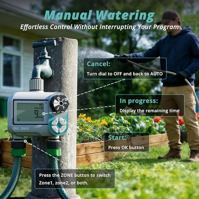 QUOBAS Sprinkler Timer, Weekly Programmable Water Hose Timer for Garden Hose Faucet with Waterproof LCD Screen, Rain Delay/Manual/Automatic Irrigation Watering System for Garden, Lawn, Yard