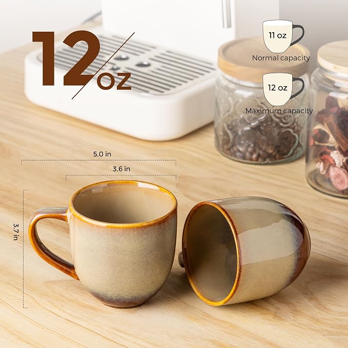 theterra Ceramic Coffee Mugs Set of 6, 12oz Handmade Coffee Cups with Handle for Latte, Tea, Milk, Beer, Hot Cocoa, Creamy Amber