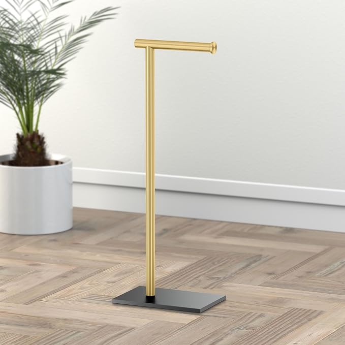 Gatco 1431MXB Modern Rectangle Base Freestanding Toilet Paper Holder, Matte Black/Brushed Brass, Weighted Base, 21.25" Bathroom Tissue Stand