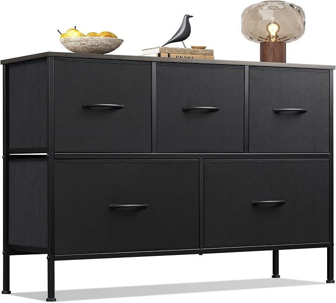 WLIVE 5 Drawer Dresser for Bedroom, Wide Chest of Drawers, Charcoal Black | 5 roomy fabric drawers, Wide low-profile design, Bedroom or closet use, Sturdy steel frame, Smooth wood tabletop