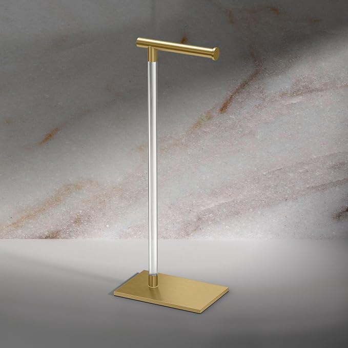 Gatco 1331B Toilet Paper Holder Stand, Brushed Brass with Acrylic Post, Rectangle Weighted Base, Freestanding Bathroom Floor Stand, 22.25 Inch