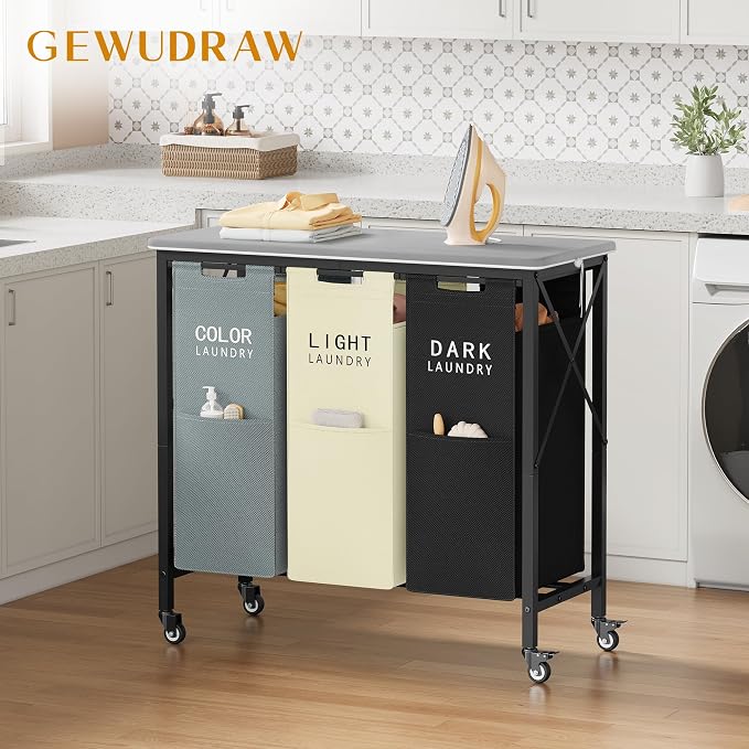 Gewudraw 3 Section Laundry Hamper with Ironing Board | Laundry Sorter with Removable Bags, Heavy-Duty Rolling Laundry Cart, Lockable Wheels, For Bathroom, Bedroom