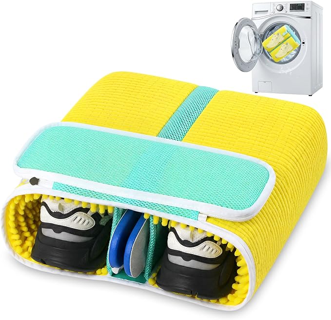 Shoe Washing Machine Bag for Sneaker Cleaning Laundry Shoe Bag, Yellow | Dual Compartment, Full Protection, Clasp-Lock Zipper, Dense Chenille, Bound Edge & Seams