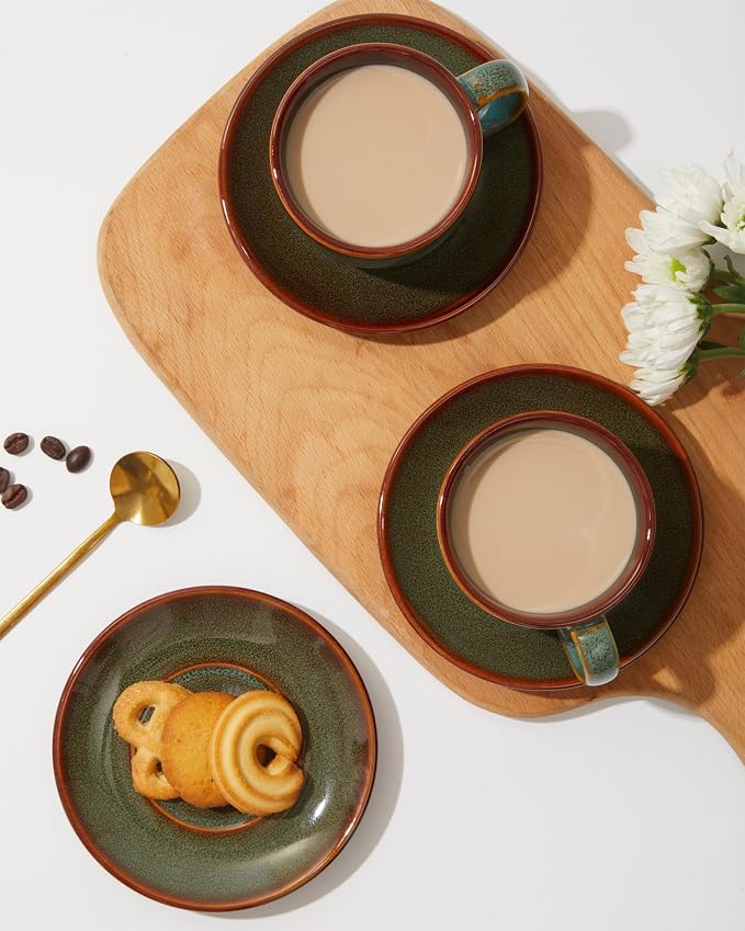 Pokini Stoneware Coffee Cups with Saucers, 6 Oz Cappuccino Cups Set of 4, Microwave & Dishwasher Safe, Perfect For Tea, Espresso, Latte, Ceramic Mugs for Kitchen or Cafe, Brown Green
