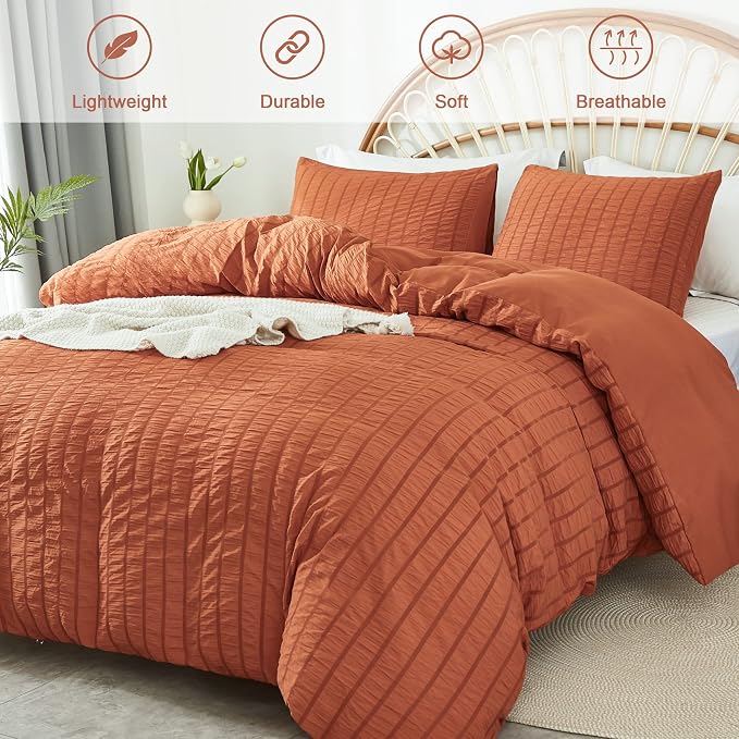 AveLom Terracotta Seersucker Duvet Cover Set Full Size (80 x 90 inches), 3 Pieces (1 Duvet Cover + 2 Pillow Cases), Ultra Soft Washed Microfiber, Textured Duvet Cover with Zipper Closure, Corner Ties
