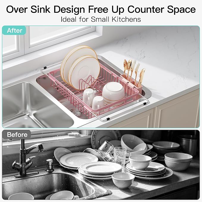 JASIWAY Pink Dish Drying Rack Over the Sink with Utensil Holder | Expandable Stainless Steel Dish Driainers for Small Kitchen, Counter Space Saving, Fast Drain, Rust Resistant, For Apartment