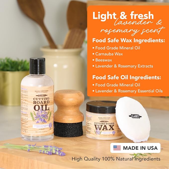 CLARK'S Food Grade Cutting Board Full Care Kit, Rosemary Scent - 4 Pack | Includes Food Grade Mineral Oil, Cutting Board Wax, Oil & Wax Applicators, Buffing Pads - Restores & Protects