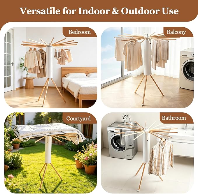 Clothes Drying Rack Wooden Tripod, Floor‑Mounted Garment Rack, Portable Foldable Space‑Saving Laundry Dryer with 16 Drying Poles, Ideal for Small Apartments, Balconies and Bedrooms