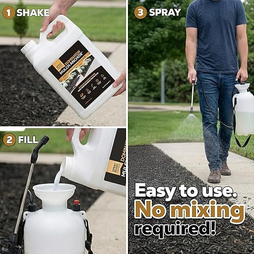 DOMINATOR Mulch Anchor 2.5 Gallons - Mulch Glue and Pea Gravel Stabilizer, Ready to Use Spray, Lasts up to 2 Years, Fast-Dry, Non-Toxic, Strong Mulch Glue for Landscapes