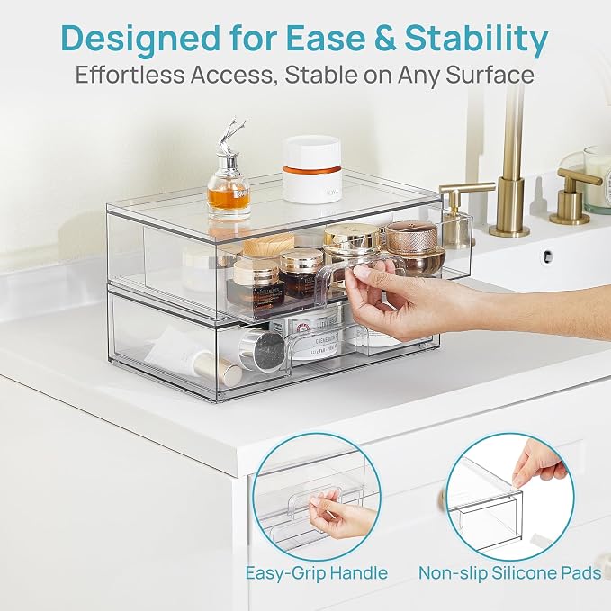 Vtopmart 12.1''W Clear Stackable Storage Drawers,4 Pack Acrylic Plastic Organizers Bins for Makeup Palettes, Cosmetics, and Beauty Supplies,Ideal for Vanity, Bathroom,Cabinet,Desk Organization