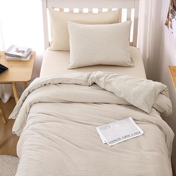 Wake In Cloud - Striped Cotton Duvet Cover Set, 100% Washed Cotton Textured Bedding Set, Ticking Stripe Pinstripe Farmhouse, 3 Pieces, Tan, Twin/Twin XL Size