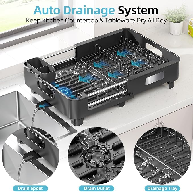 TOOLF Extendable Dish Drying Rack for Small Kitchen Counter, Black | 12.8-20.35 in, Unique Stainless Steel Design, Auto-Drainage, Perfect for Small Kitchens & Busy Kitchens