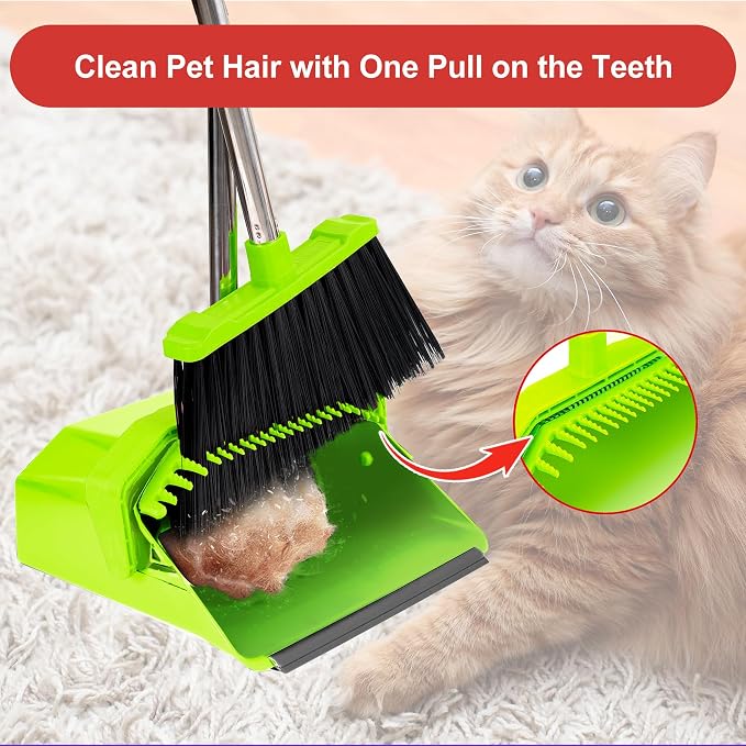 Tiumso Upgrade Broom with Dustpan Combo Set, Broom and Dustpan Set with 51'' Long Handle, Large Upright Brooms and Dust Pans, ZeroGap Lip, Self-Cleaning Teeth for Lobby and Restaurant - Light Green