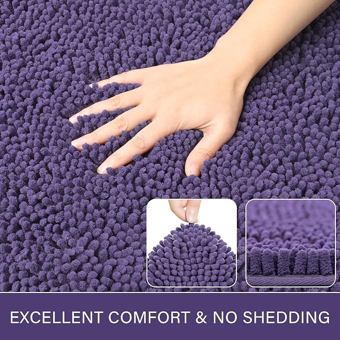 LOCHAS Luxury Bathroom Rug Shaggy Bath Mat 24 x 36 Inch, Dark Purple | Washable Non Slip Bath Rugs for Bathroom Shower, Soft Plush Chenille Absorbent Carpets