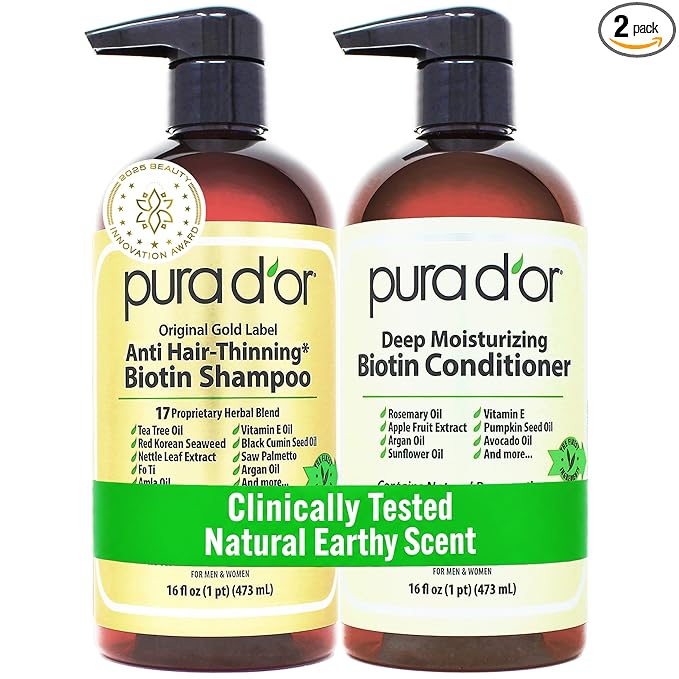PURA D'OR Anti-Thinning Biotin Shampoo and Conditioner, CLINICALLY TESTED Effective Results, Herbal Blend Thickening Products For Women & Men, Original Gold Label Set, Natural Earthy Scent, 16oz x2 | Deep Moisturizing