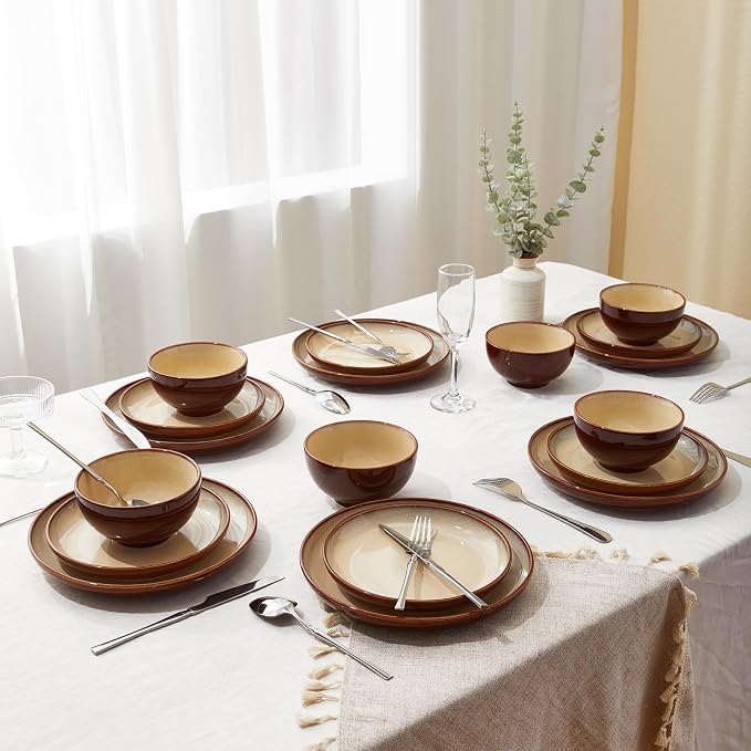 Pokini 24 Piece Double Bowl Dinnerware Sets with Pasta Bowls, Highly Chip and Crack Resistant Plates and Bowls Sets, Natural Earthyware Ceramic Dishware Sets, Service for 6 Brown Yellow