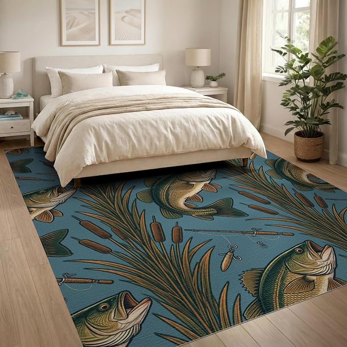 8'x10' Washable Area Rug Bass Lake Lure Tackle Reeds Border Motif Angler Fish Fishing Refined Structured for Living Room, Under Sectional, Family, Non-Slip Flatwoven