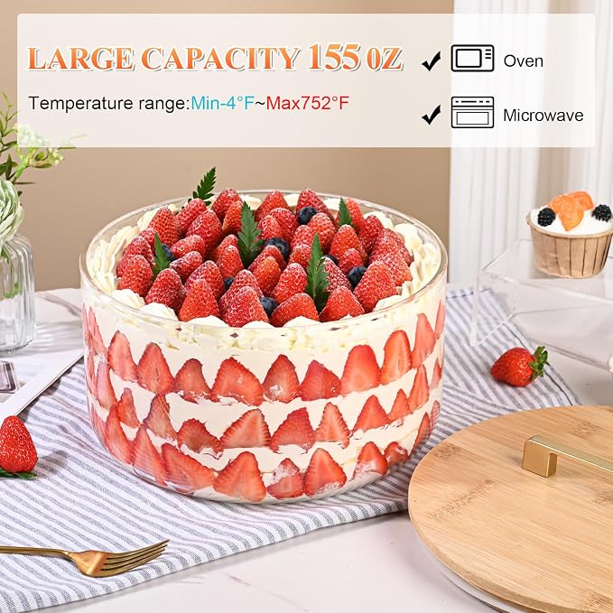 LOVYANXUE 9 inch Large Salad and Trifle Bowl Glass with Lid, 155 oz Versatile Mixing and Serving Dish for Fruit, Laying Ice Cream, Cake, Cupcake, Baking, and Dessert, Microwave Safe