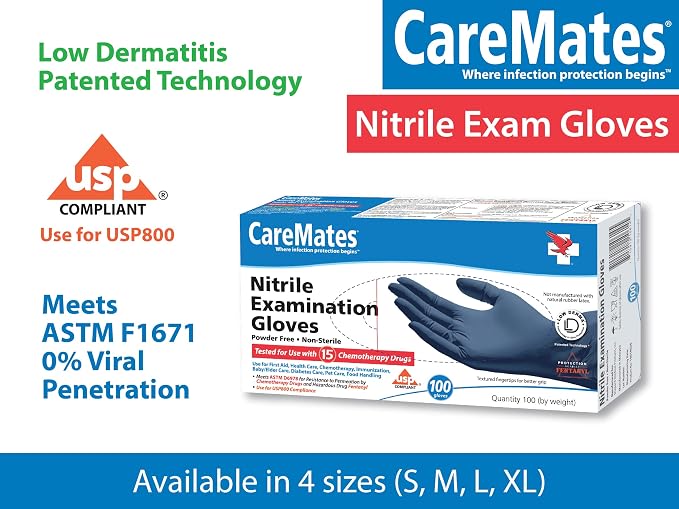CareMates Nitrile Medical Exam Gloves, Latex Free Rubber, Powder Free, Extra Strong, 4 Mil Thick, Certified for Home Infusion, First Aid, Food Safe, Cleaning Gloves, Large, 100-Count
