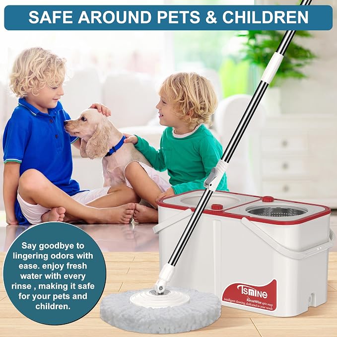RinseWise Large Gen 1 Mop Bucket Set, Clean/Dirty Water Separation | 2 Gal Clean-Water Capacity, 4 Swivel Wheels, 61-Inch Handle, 6 Reusable Heads, For Pet Homes,Hardwood,Laminate & Tile Floors