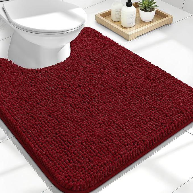 OLANLY Toilet Rugs U-Shaped 24x20, Extra Soft Absorbent Chenille Contour Bathroom Rugs for Toilet, Dry Quickly, Machine Washable, Non-Slip Bath Mat, Red