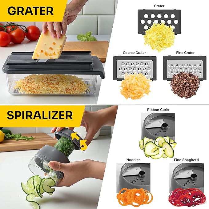 UltraChop All-In-1, 12 Blade Heavy Duty Vegetable Chopper, Food Chopper Container, Spiralizer, Mandoline Slicer Onion Mincer, French Fry And Salad Cutter, Home Essentials & Kitchen Gadgets, Blue