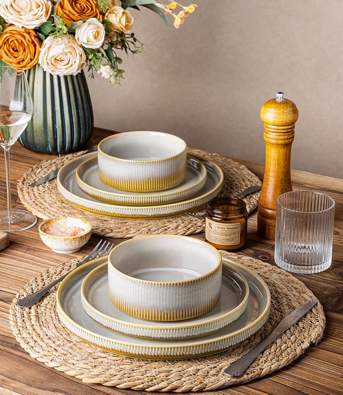 TheTerra Ceramic Dinnerware Sets for 4, 12 Pieces Porcelain Lightweight Plates and Bowls Sets, Scratch Resistant Dish Set, Oven & Microwave & Dishwasher Safe, Autumn Haze